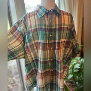 Land’s End Plaid Shirt XL Mens Green Brown Cotton Button Down Preppy Classic Fit